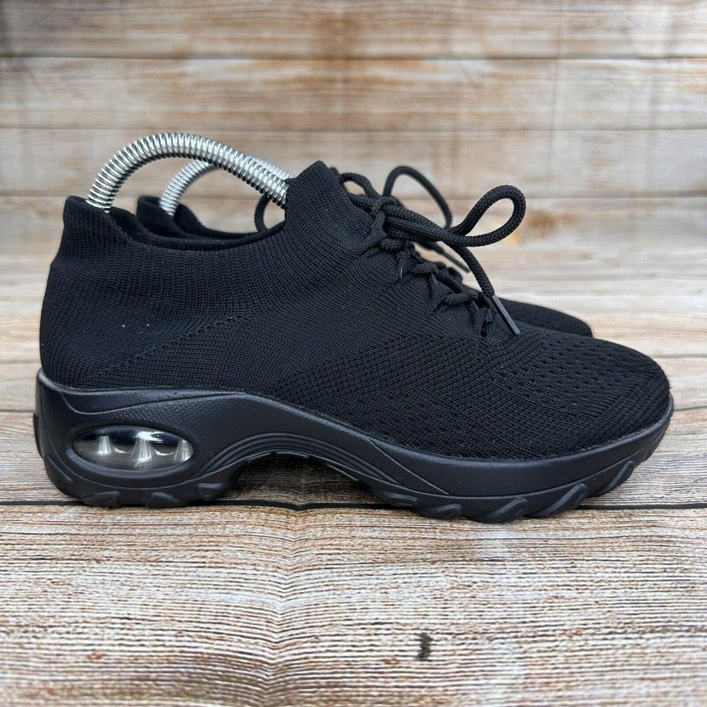Global Shoes Knit Walking Shoes Women Size 8.5 Black Slip On Athletic Sneakers